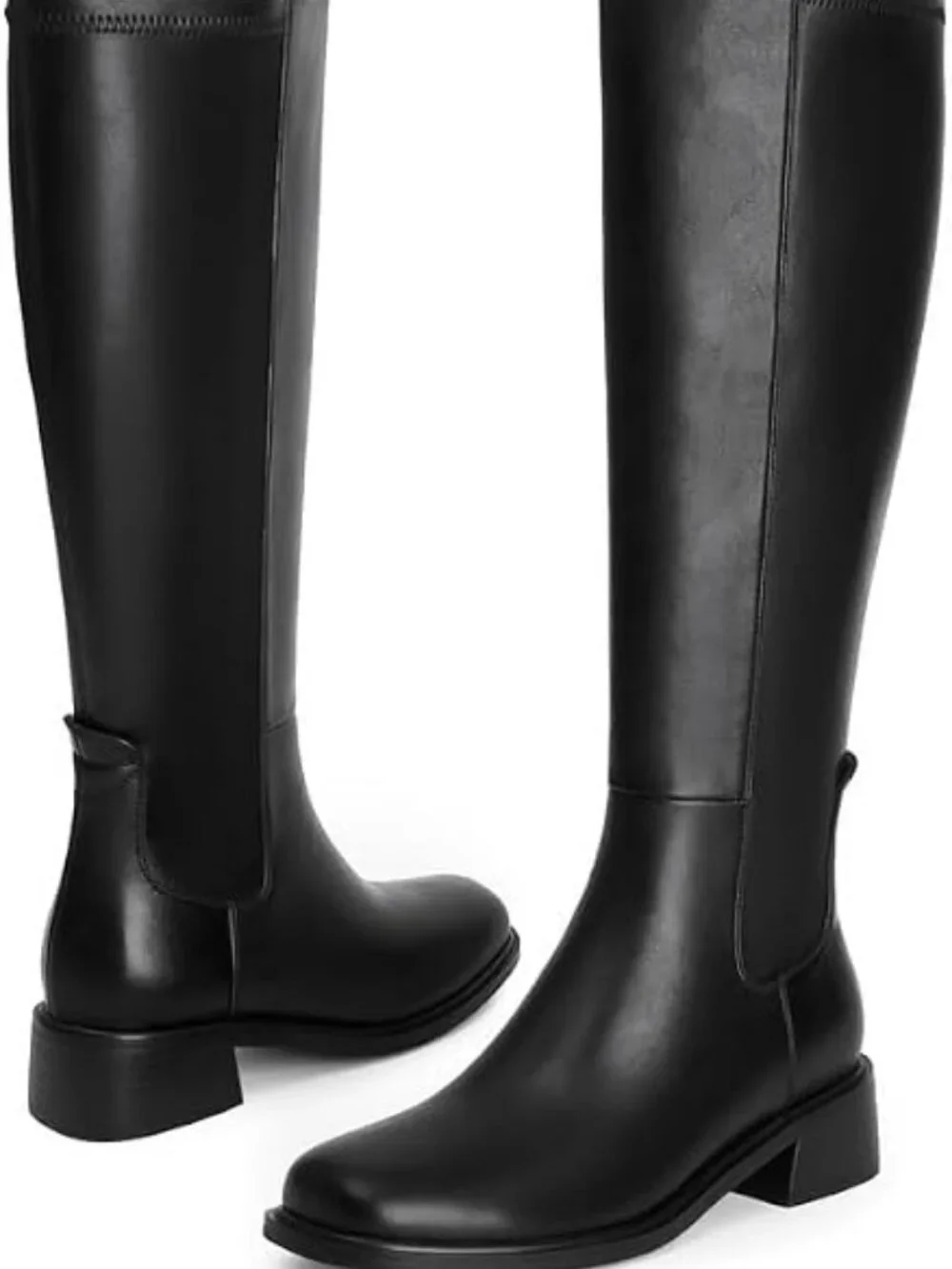 Women's Black Faux Leather Square Toe Knee High Stretch With Side Zipper Boots